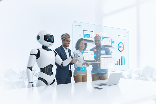 AI robot helping human workers with digital interface